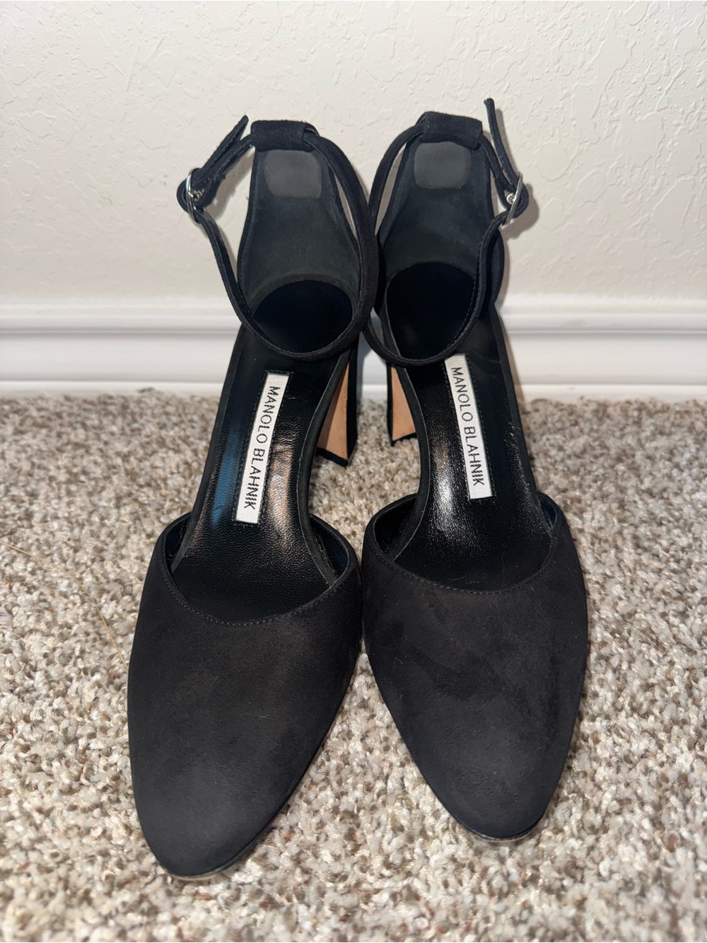 Manolo Blahnik Black Suede Pointed Toe Ankle Strap Heels